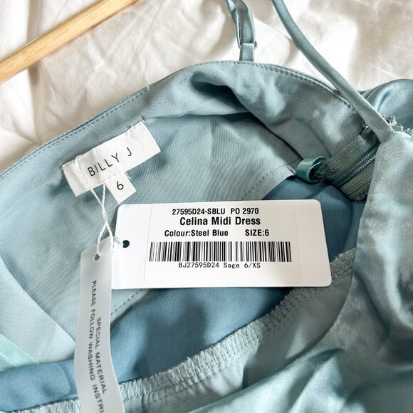 NWT Billy J Celina Steel Blue Satin Midi Dress Women’s AU 6 / US 2 Side Slit - Picture 11 of 12